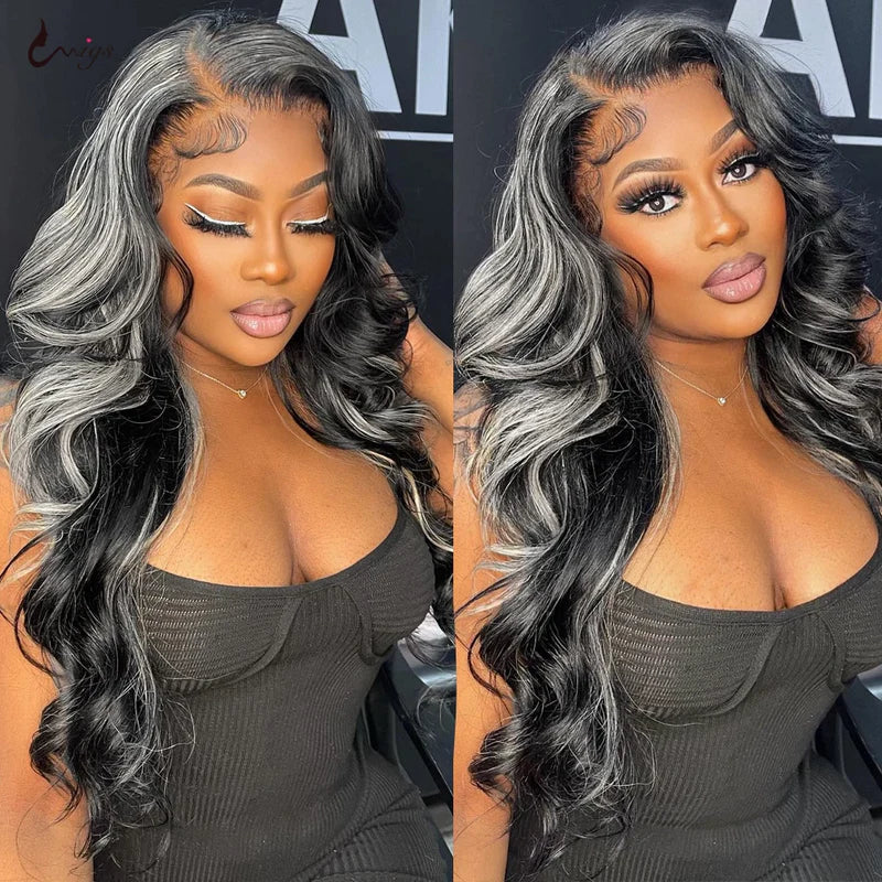 Rose Hair Gray Highlight Color 13x4 HD Lace Front Wig Body Wave Human Hair