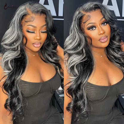 Rose Hair Gray Highlight Color 13x4 HD Lace Front Wig Body Wave Human Hair