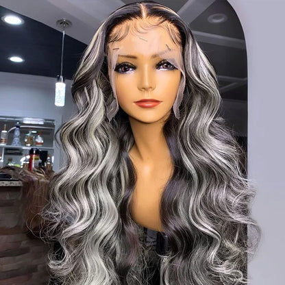 Rose Hair Gray Highlight Color 13x4 HD Lace Front Wig Body Wave Human Hair