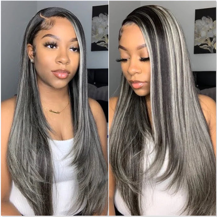 Rose Hair Gray Highlight Color 13x4 HD Lace Front Wig Straight Human Hair