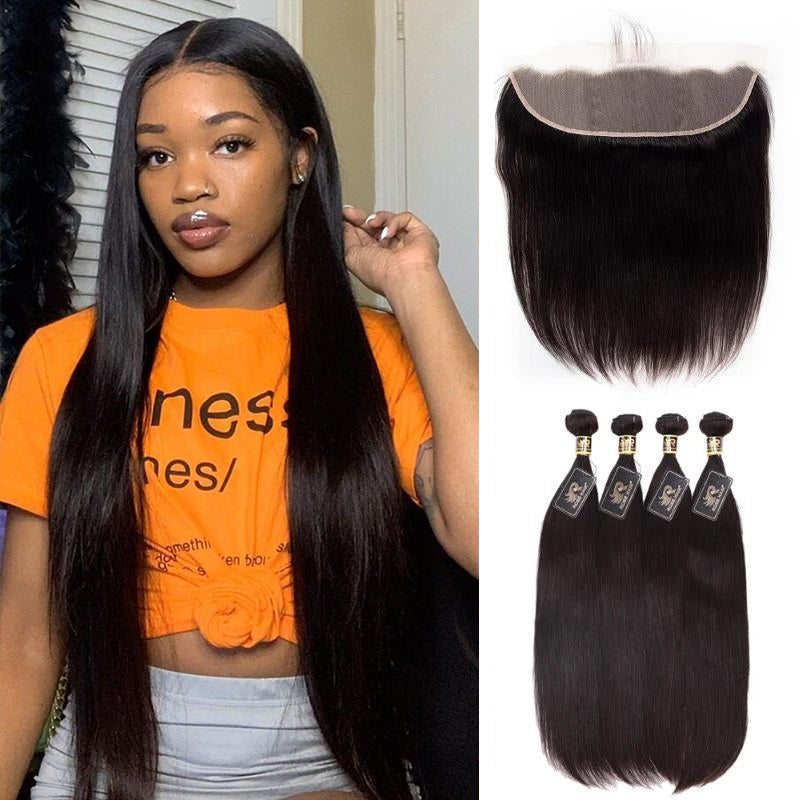 10A Grade Brazilian 4 Bundles Straight Human Virgin Hair With 13x4 Lace Frontal Pre Plucked - Rose Hair