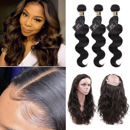 10A Grade 3 Bundles Brazilian Body Wave Virgin Hair With 1 PCS Per Plucked 360 Lace Frontal - Rose Hair