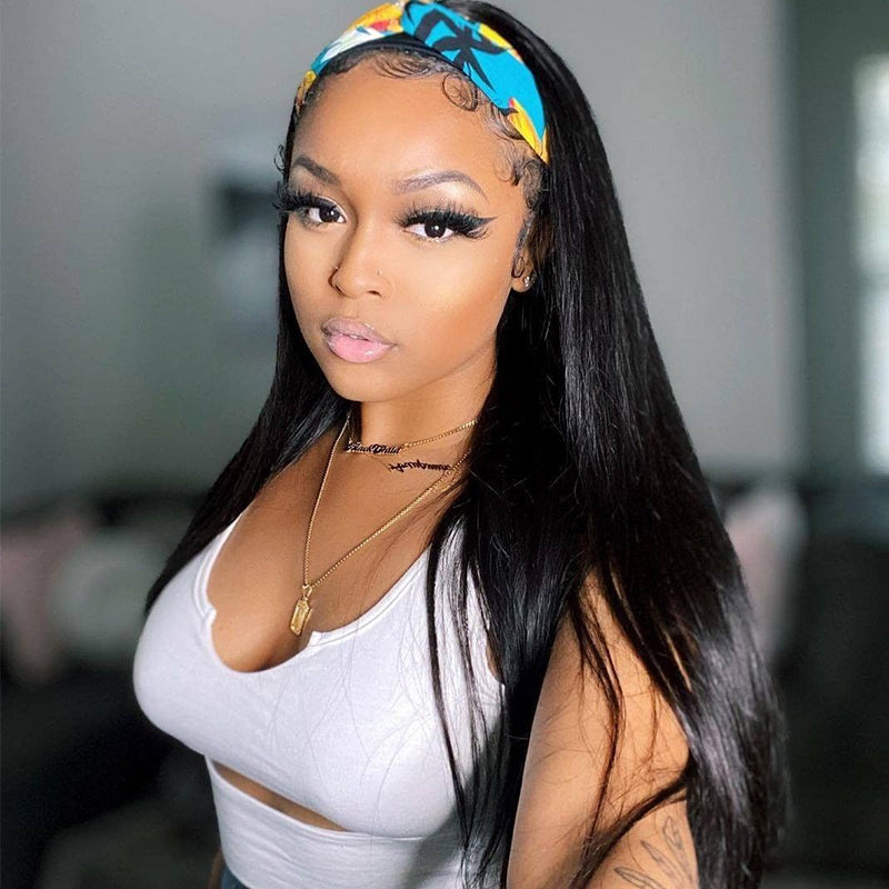 RoseHair Straight Hair Headband Wig Glueless Human Hair Wig With Pre-attached Scarf Half Wig 150% Density - Rose Hair