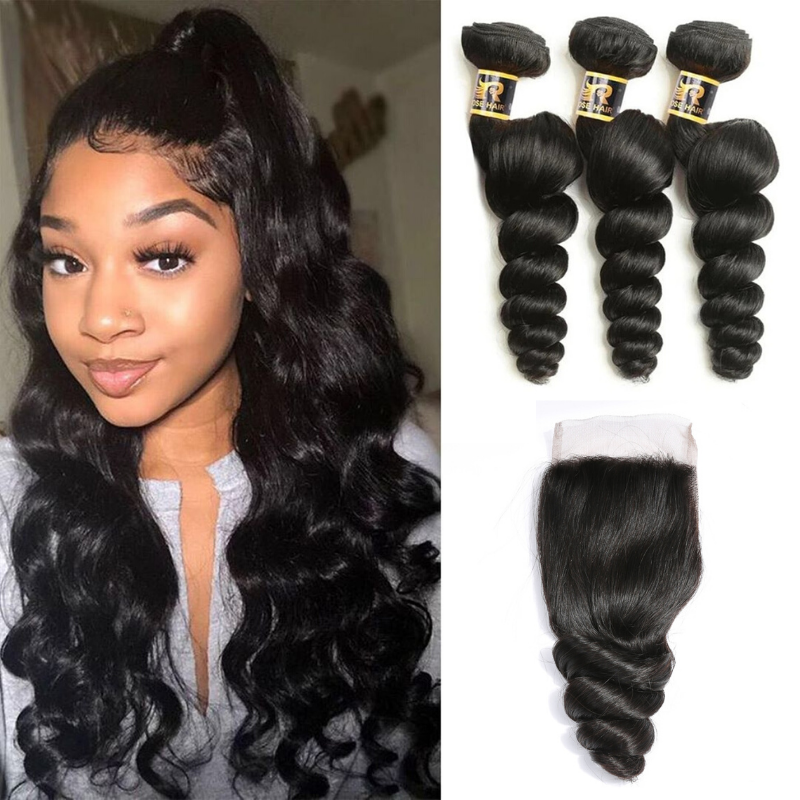 10A Grade 3 Bundles Brazilian Loose Wave Virgin Hair with 1 PCS 4*4 Lace Closure - Rose Hair