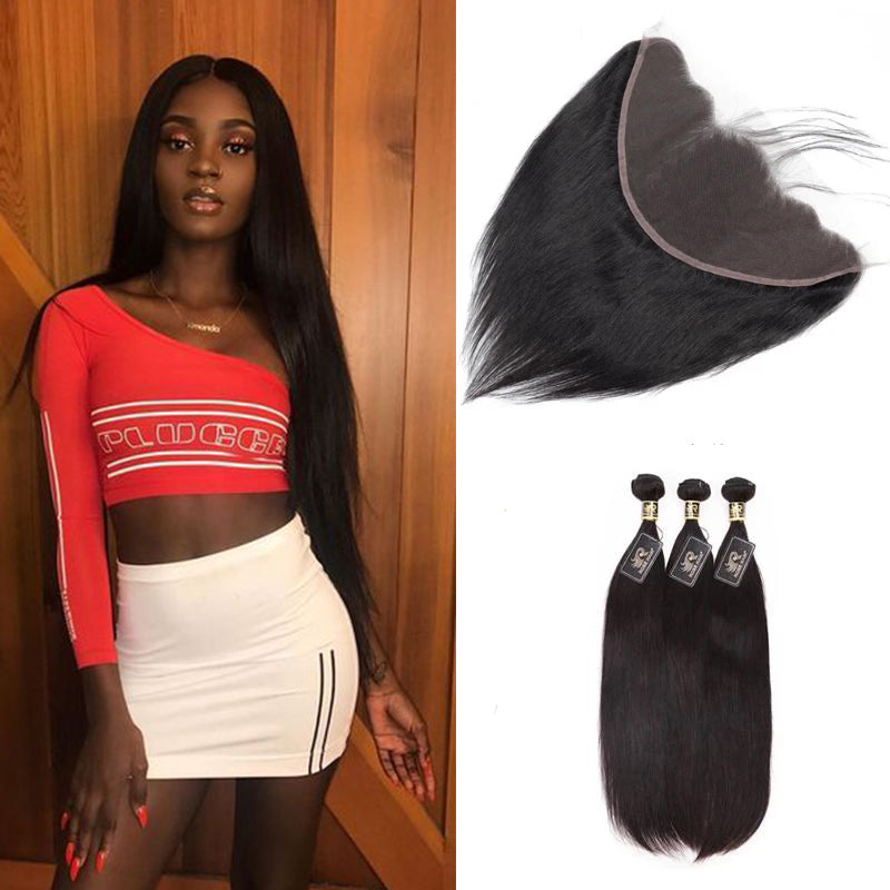 10A Grade Straight Pre Plucked 13x6 Lace Frontal with 3 Bundles Best Brazilian Virgin Hair - Rose Hair