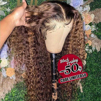 Celebrity Style 200% Density Highlight Ombre Curly 13x4 Lace Frontal Wig
