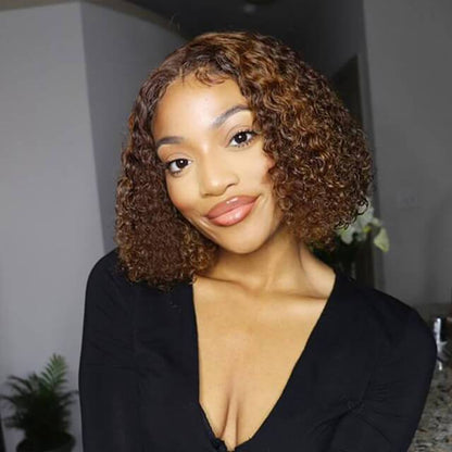 Highlight Deep Curly Wig 4/27 Ombre Honey Blonde Bouncy Curly Transparent Lace Front Human Hair Wigs