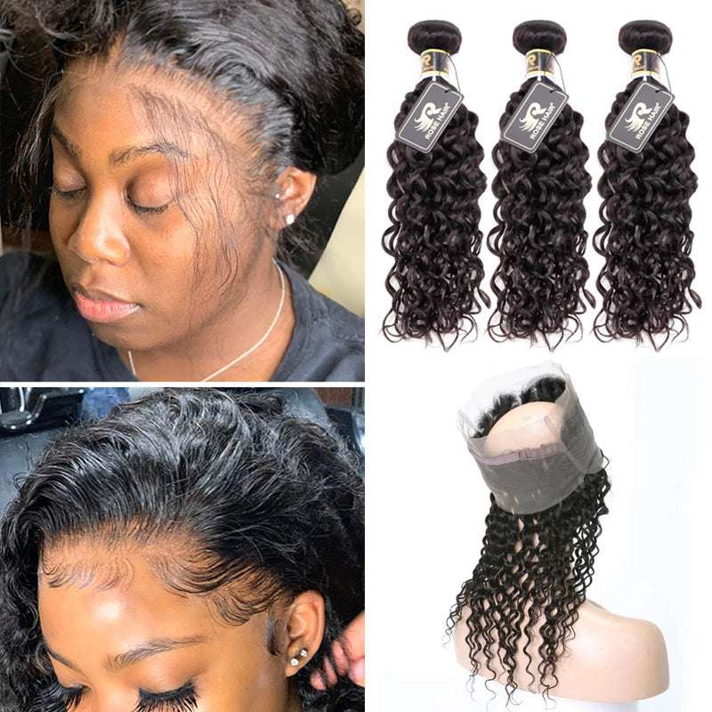 10A Grade 3 Bundles Brazilian Virgin Hair With 1 PCS Per Plucked 360 Lace Frontal Water Wave - Rose Hair