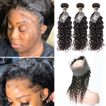 10A Grade 3 Bundles Brazilian Virgin Hair With 1 PCS Per Plucked 360 Lace Frontal Water Wave - Rose Hair