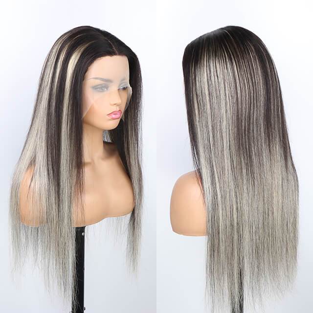 Platinum Blonde Highlights Transparent T Part Lace Frontal Wig Mix Color Wig 180% Density