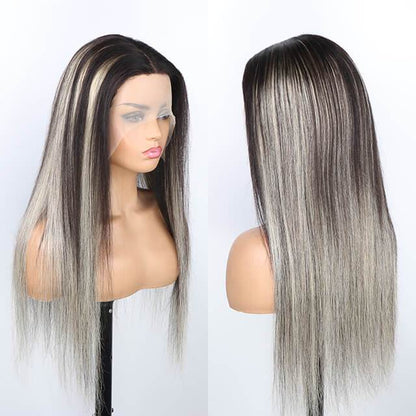 Platinum Blonde Highlights Transparent T Part Lace Frontal Wig Mix Color Wig 180% Density