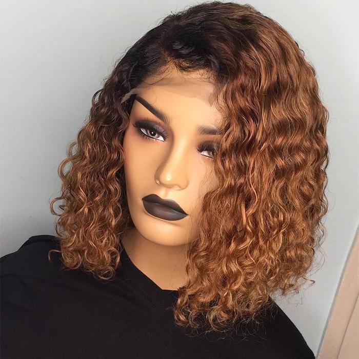Rose Hair Recommend! Black Roots Honey Brown Ombre Wet Wave Bob Lace Frontal Wig - Rose Hair