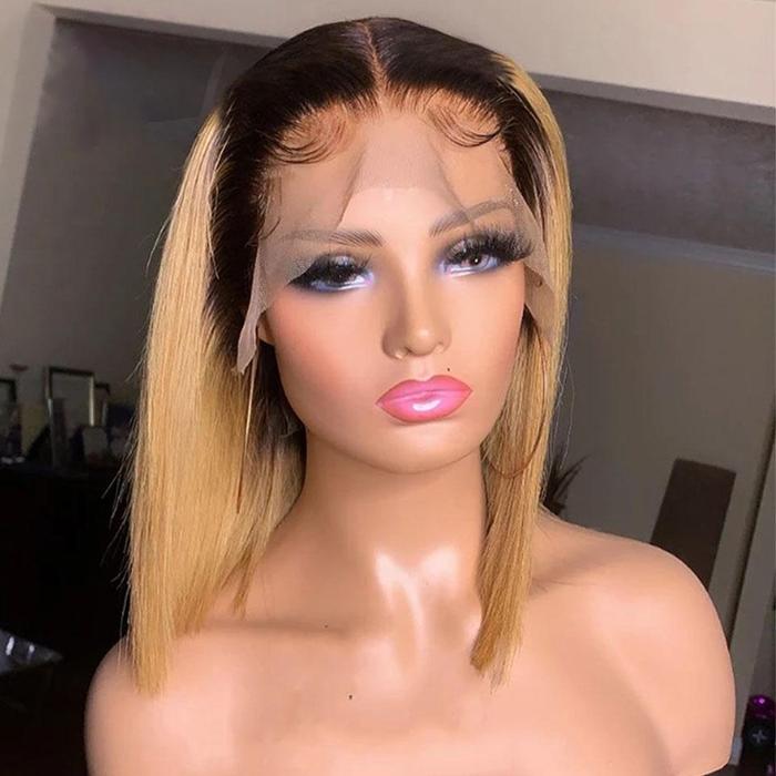 Rose Hair Black Roots Ombre Honey Brown Bob Straight Lace Wig - Rose Hair