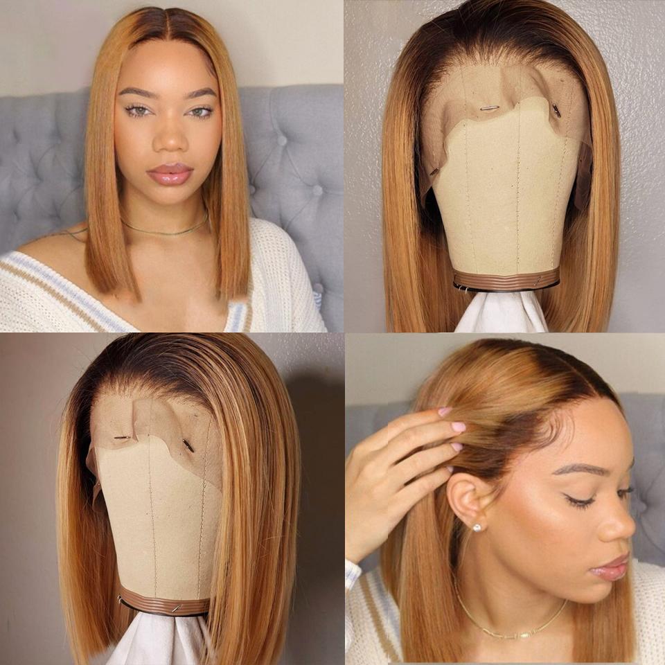 Rose Hair Black Roots Ombre Honey Brown Graceful Silky Straight Bob Lace Frontal Wig - Rose Hair