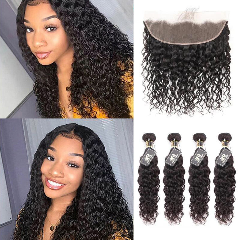 10A Grade Brazilian 4 Bundles Water Wave Human Virgin Hair With 13x4 Lace Frontal Pre Plucked - Rose Hair