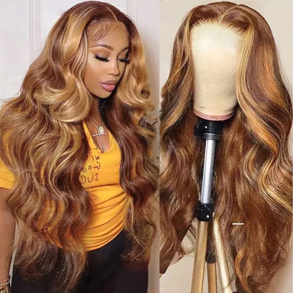 13x4 HD Lace Front Body Wave Wig Honey Blonde Piano Highlights Human Hair Wigs Free Part