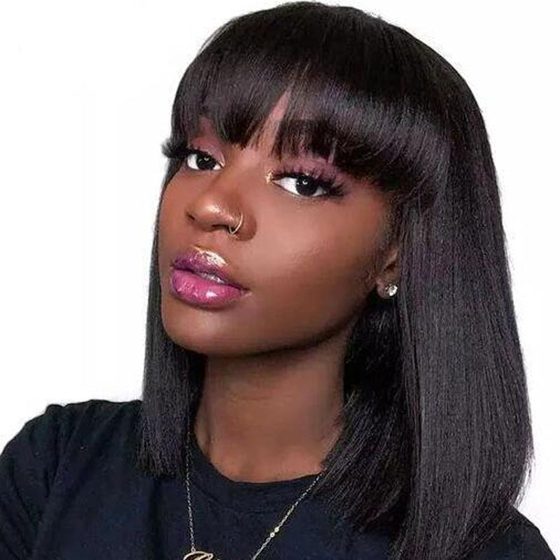 13x4 Lace Frontal Bob With Blunt Bangs Wig Human Hair Lace Wig - Rose Hair