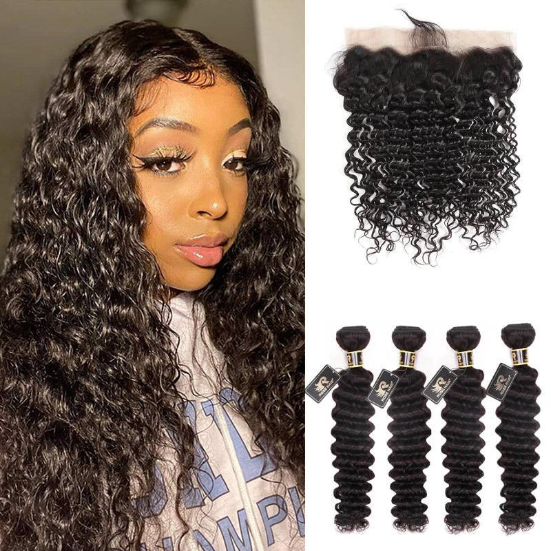 10A Grade Brazilian 4 Bundles Deep Wave Human Virgin Hair With 13x4 Lace Frontal Pre Plucked - Rose Hair