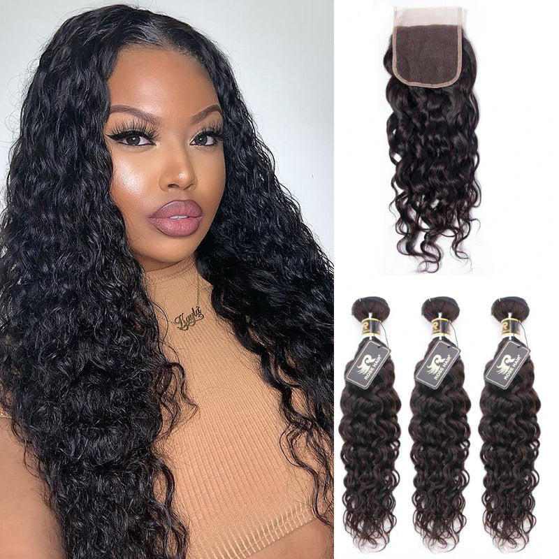 10A Grade 3 Bundles Brazilian Water Wave Virgin Hair with 1 PCS Per Plucked 4*4 Lace Closure - Rose Hair