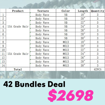 Rose Hair 42PCS 15A Grade Human Virgin Hair Bundles Wholesale Package Deal