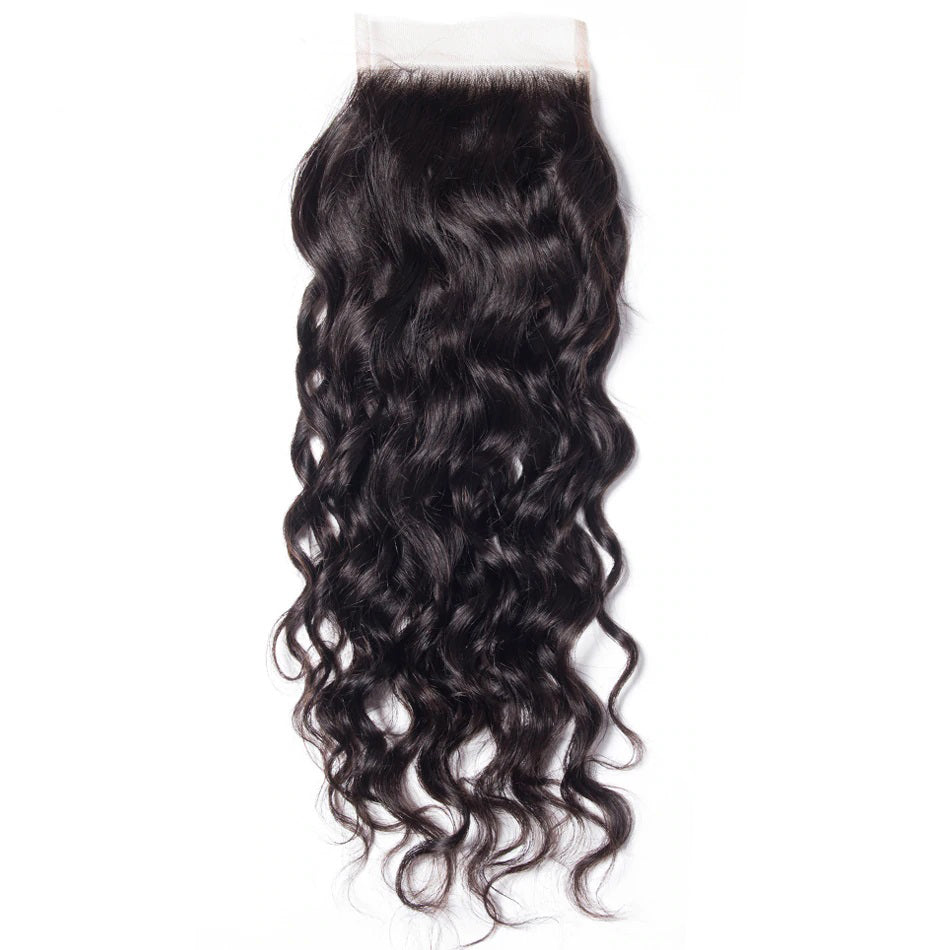 10A Grade 3 Bundles Brazilian Water Wave Virgin Hair with 1 PCS Per Plucked 4*4 Lace Closure - Rose Hair
