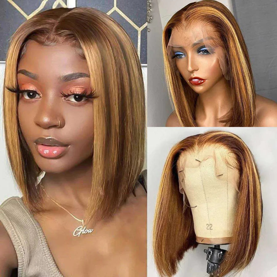 Rose Hair Honey Blonde Piano Highlights Color Straight Hair 4x4 Lace Bob Wig Human Hair Wig