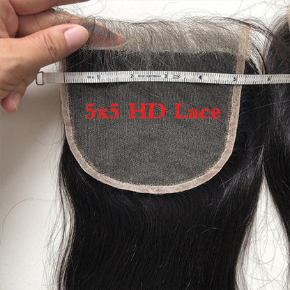 10A Grade 3 Bundles Brazilian Virgin Hair With 1 PCS Per Plucked 5*5 HD Lace Closure All Texture - Rose Hair