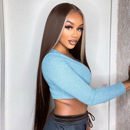 Rose Hair Highlight Hair Straight Lace Front Human Hair Wigs Ombre Color Wigs 150% Density