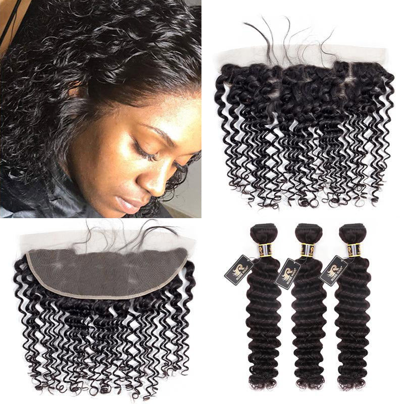10A Grade Deep Wave Pre Plucked 13x4 Ear to Ear Lace Frontal with 3 Bundles Brazilian Virgin Hair - Rose Hair
