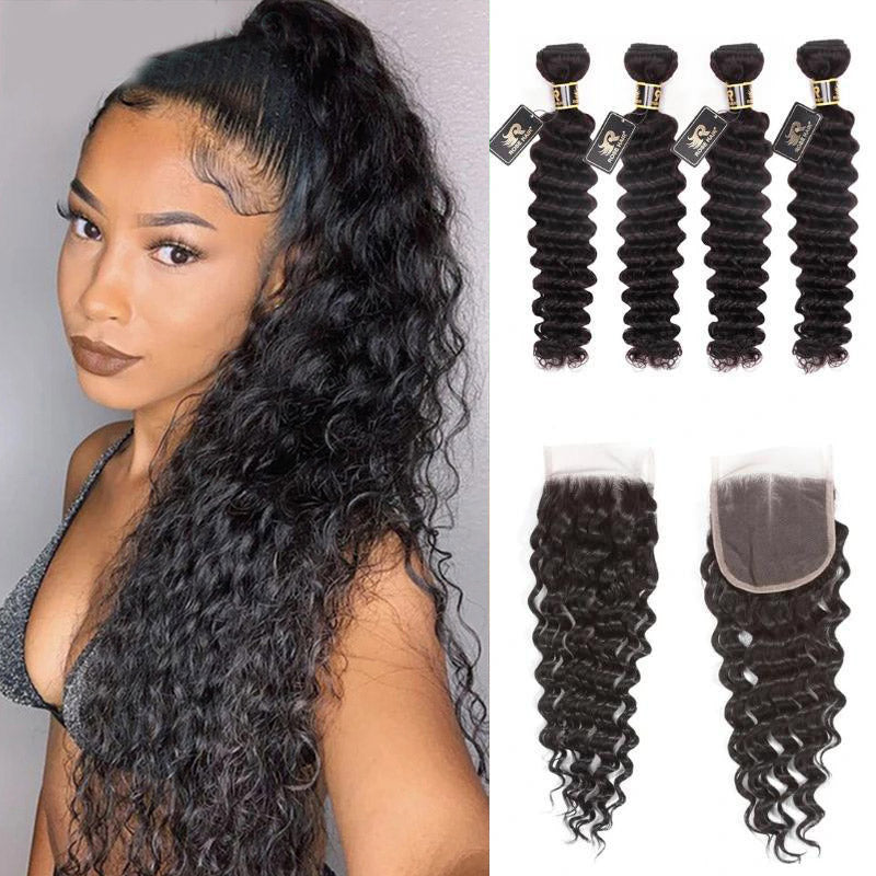Rosehair 10A Grade Brazilian Deep Wave 4 Bundles Virgin Hair With 4*4 Lace Closure - Rose Hair