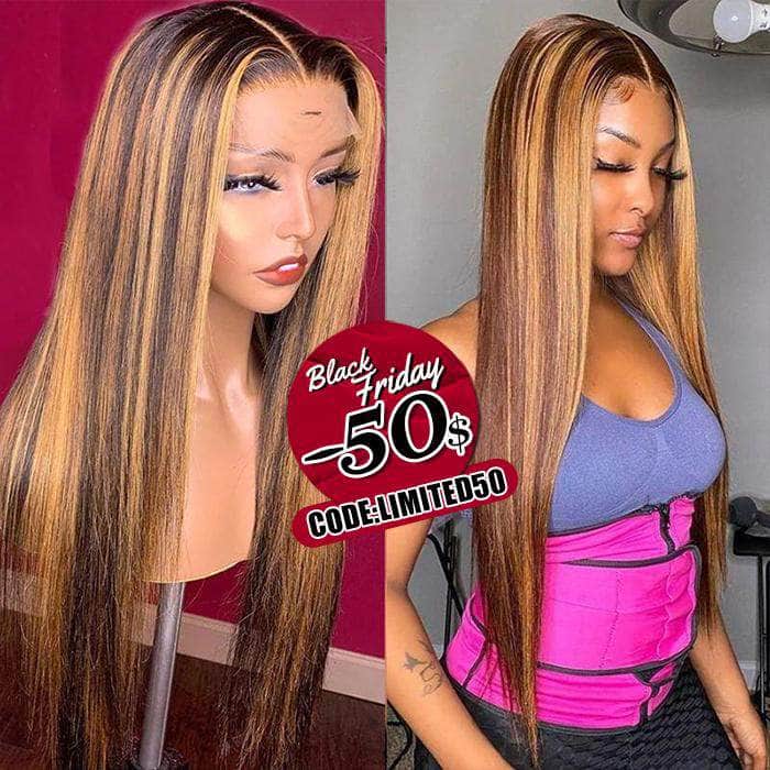 Balayage Highlights Color 13x4 Lace Frontal Wig 200% Density Straight Hair