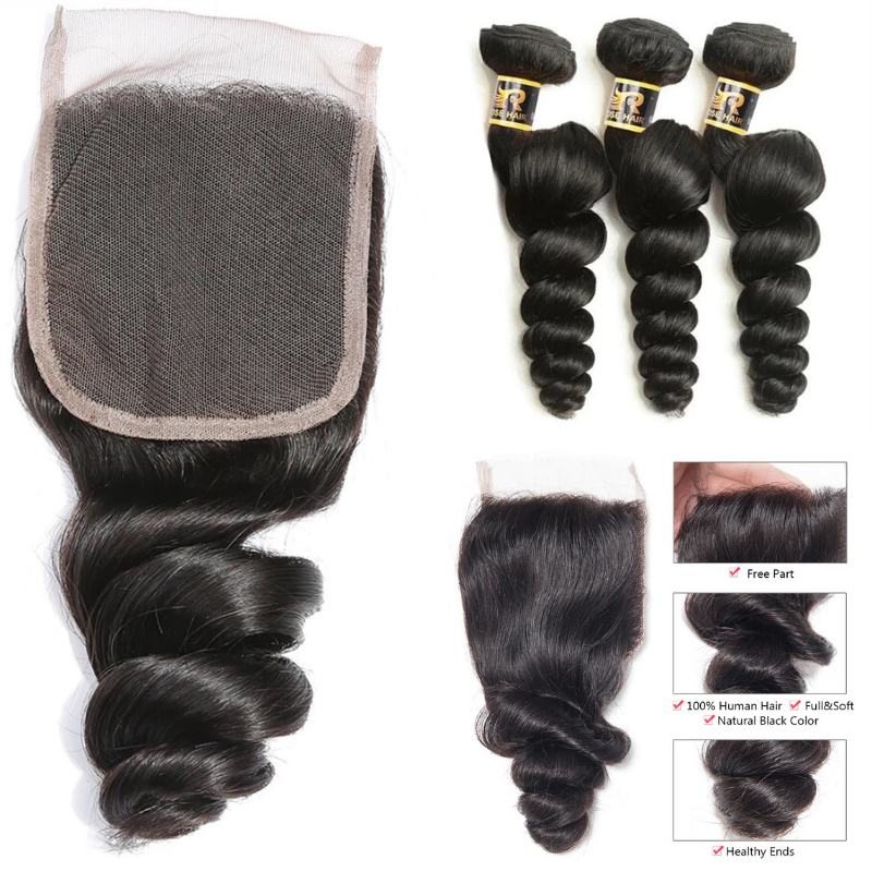 10A Grade 3 Bundles Brazilian Loose Wave Virgin Hair with 1 PCS 4*4 Lace Closure - Rose Hair