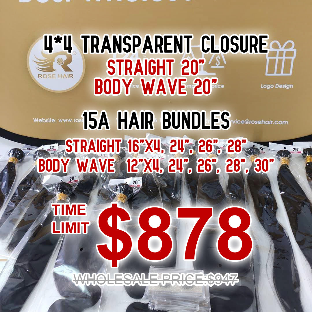 15A Grade Hair Bundles with 4*4 Transparent Closure Package Deal - Rose Hair