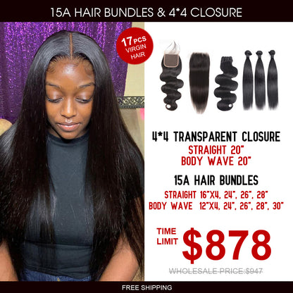 15A Grade Hair Bundles with 4*4 Transparent Closure Package Deal - Rose Hair