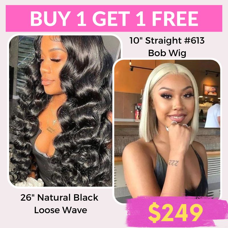 [Buy 1 Get 1 Free] Rose Hair 24&quot;/26&quot; Loose Wave 4x4 Lace Wig+T Part Bob 