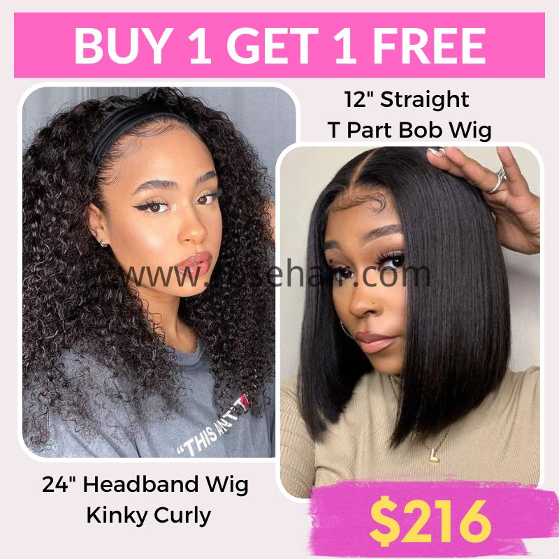 [Buy 1 Get 1 Free]Rose Hair  22&quot;/24&quot; Headband Wig Kinky Curly +12&quot; T Part Bob Wig 150% Density No Code Needed