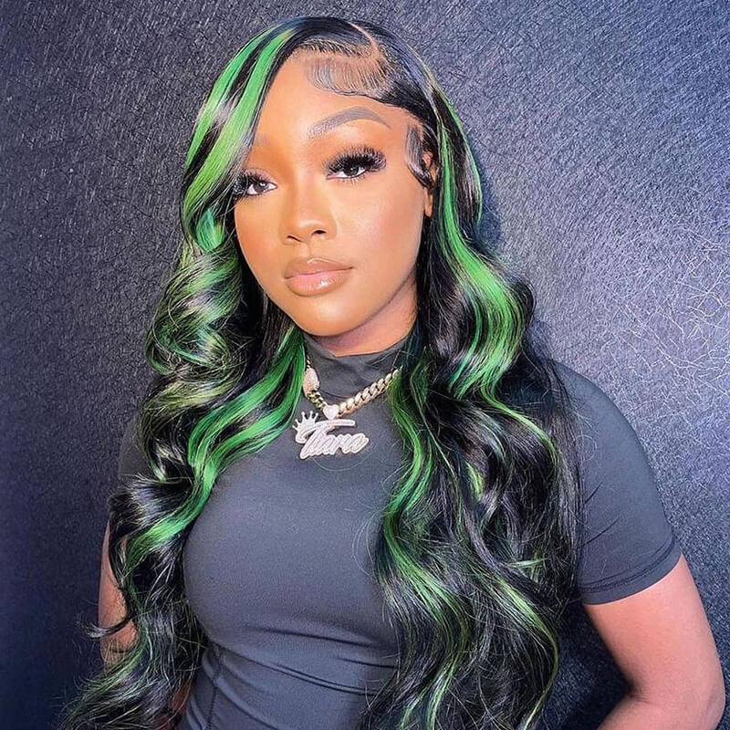 Rose Hair Green Highlights Color Body Wave Human Hair 13x4 HD Lace Front Wigs Free Part