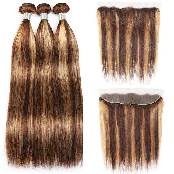 Honey Blonde Highlight Straight Human Hair Weave 3 Bundles with 13x4 Lace Frontal P4/27