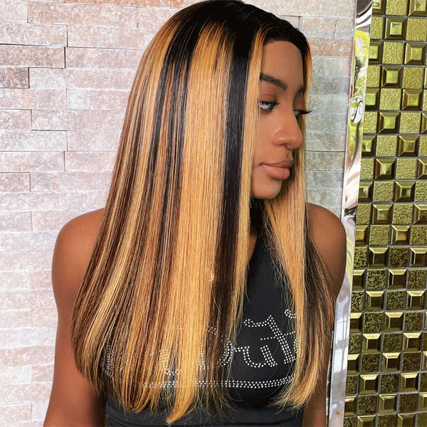 Dark Roots Chunky Highlights 13x4 Lace Front Bob Wig Balayage Money Piece Human Hair