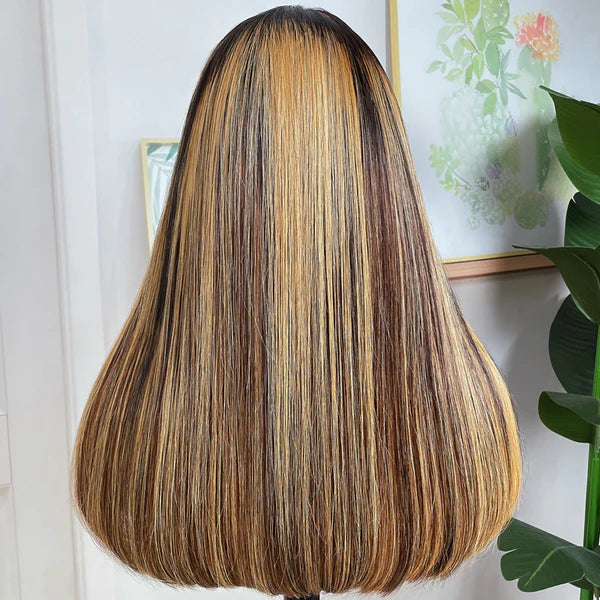 Dark Roots Chunky Highlights 13x4 Lace Front Bob Wig Balayage Money Piece Human Hair