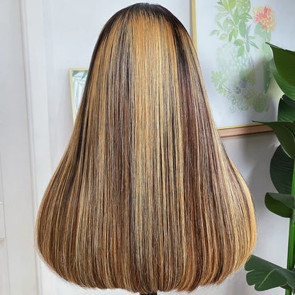 Dark Roots Chunky Highlights 13x4 Lace Front Bob Wig Balayage Money Piece Human Hair