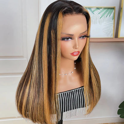 Dark Roots Chunky Highlights 13x4 Lace Front Bob Wig Balayage Money Piece Human Hair