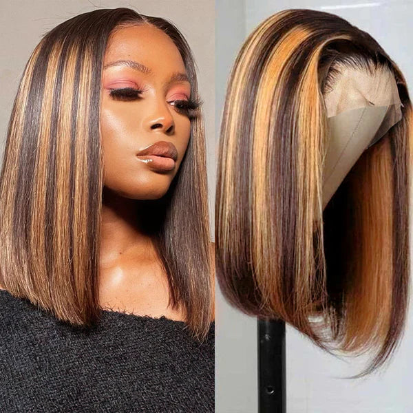 Dark Roots Chunky Highlights 13x4 Lace Front Bob Wig Balayage Money Piece Human Hair