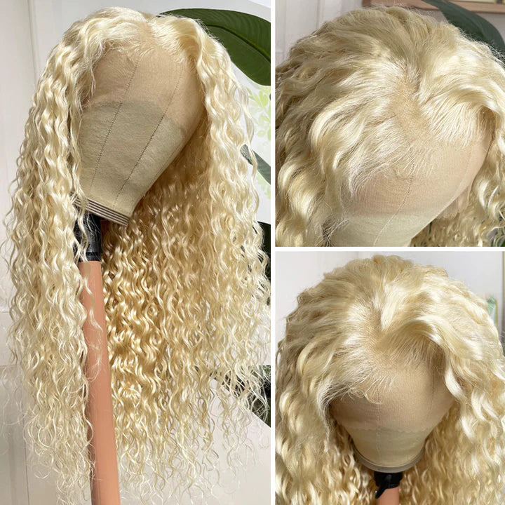 Honey Blonde 613 Color Water Wave 13x4 Lace Frontal Wig Wet and Wavy Virgin Human Hair