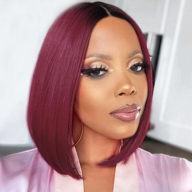 Short Straight Bob 4x4 Lace Closure Wigs Dark Roots with Ombre Red Color Human Hair Wigs