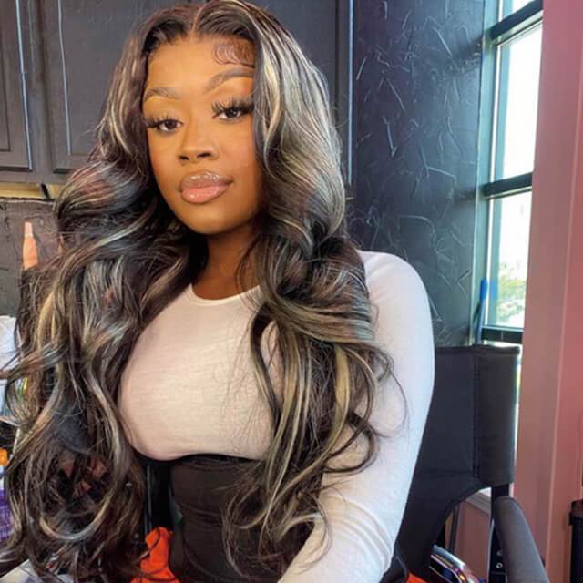 Platinum Blonde Highlights Transparent T Part Lace Frontal Wig Mix Color Wig 180% Density