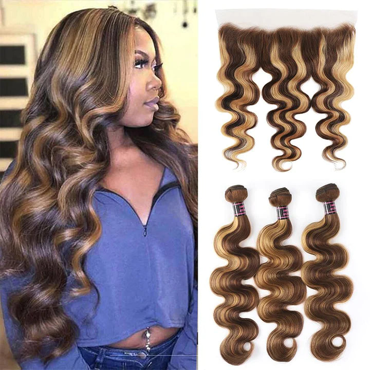 Honey Blonde Highlight Body Wave Hair 3 Bundles with 13x4 Lace Frontal P4/27