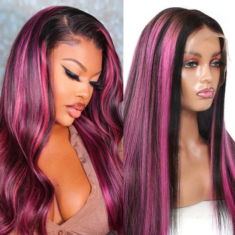 Rose Hair Red Purple Highlights Color Straight Hair 13x4 Lace Front Wig For Black Women