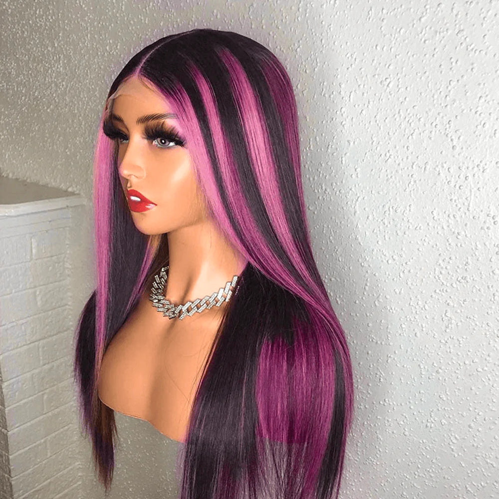 Rose Hair Red Purple Highlights Color Straight Hair 13x4 Lace Front Wig For Black Women