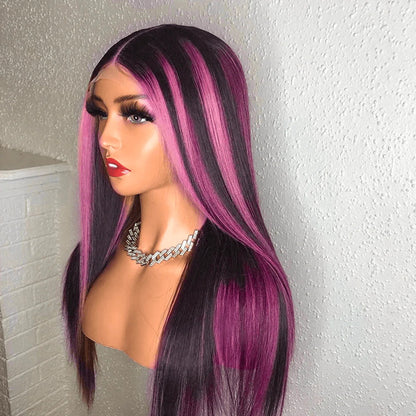 Rose Hair Red Purple Highlights Color Straight Hair 13x4 Lace Front Wig For Black Women